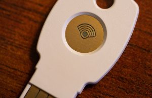 A Google Titan Security Key, a USB hardware security key used for passwordless sign-in